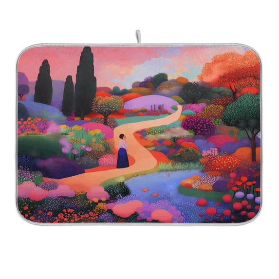 Woman Walking in Garden Dish Drying Mat 16x18 Absorbent Microfiber Draining Rack Pad for Kitchen Counter Sink