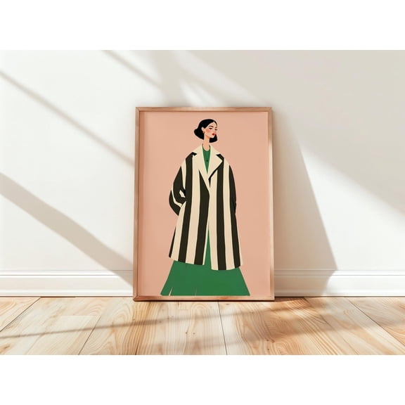 Woman Wall Art, Striped Fashion Art Print, Peach Background, Black And White Coat Unframed Paper Print