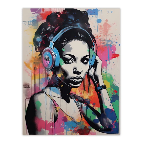 Woman Wearing Headphones Splat Art Colourful Painting Wall Mural Detail Baltimore Club Music Unframed Wall Art Print Poster Home Decor Premium