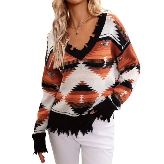 Woman Western Aztecs Knit Sweater Long Sleeve Vintage Geometric Pullover V Neck Distressed Cropped Sweater Black S