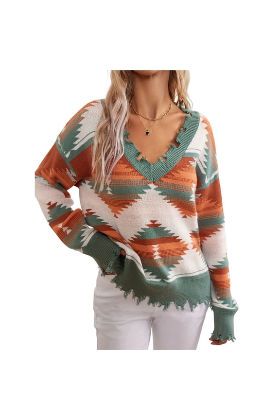 Woman Western Aztecs Knit Sweater Long Sleeve Vintage Geometric Pullover V Neck Distressed Cropped Sweater Green M