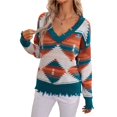 thumbnail image 1 of Woman Western Aztecs Knit Sweater Long Sleeve Vintage Geometric Pullover V Neck Distressed Cropped Sweater Royal Blue M, 1 of 10