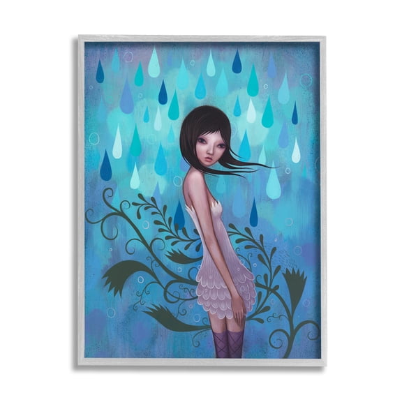 Woman White Dress Falling Blue Raindrops Botanical Motif Botanical & Floral Painting Framed Art Print Wall Art