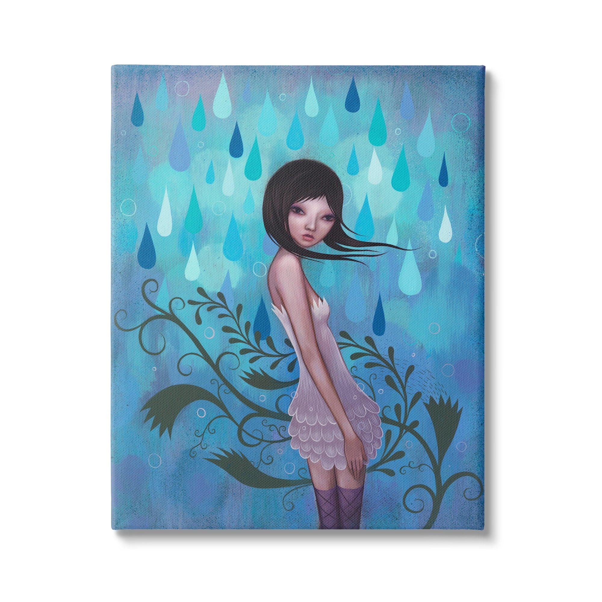 Woman White Dress Falling Blue Raindrops Botanical Motif Botanical & Floral Painting Gallery-Wrapped Canvas Print Wall Art
