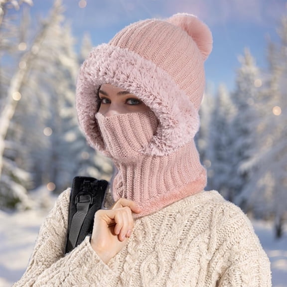 Woman Winter Hat 3 In One Beanie Hat Ski Mask Scarf Hat 3 In 1 Beanie Hat for Women Womens Knit Beanie Hat Fleece Lined Winter Scarf Mask Set Snow Caps Plush Earmuff Skull Hats With Pompom, Pink