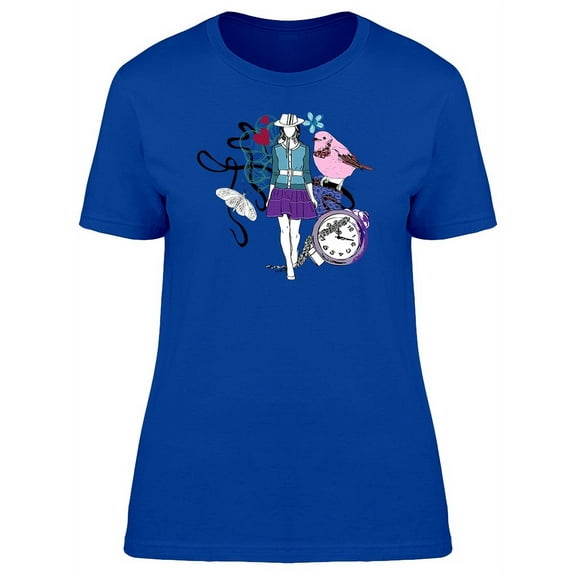 Woman With Bird & Clock T-Shirt Women -Image by Shutterstock, Female Large