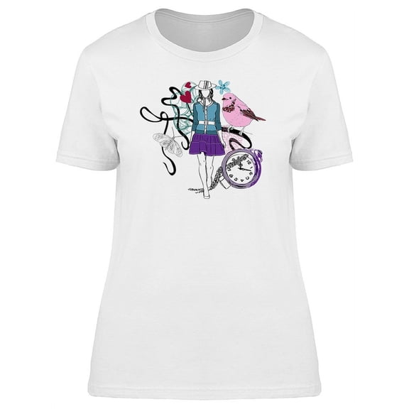 Woman With Bird & Clock T-Shirt Women -Image by Shutterstock, Female x-Large