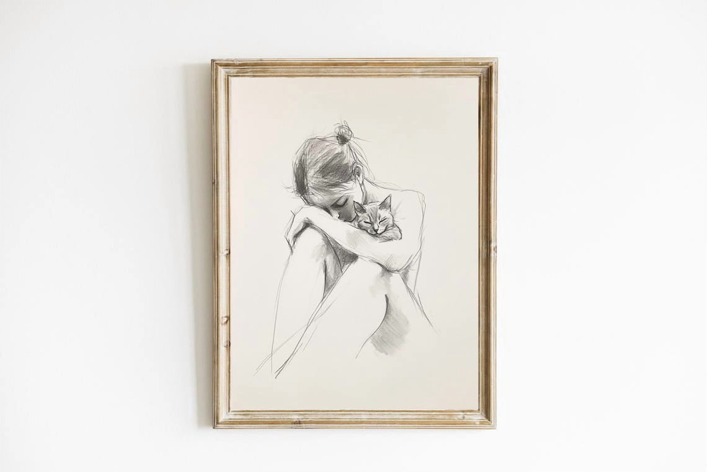 Line Drawing Princesses Woman With Cat Line Drawing Wall Art Print, Minimalist Farmhouse Home ...
