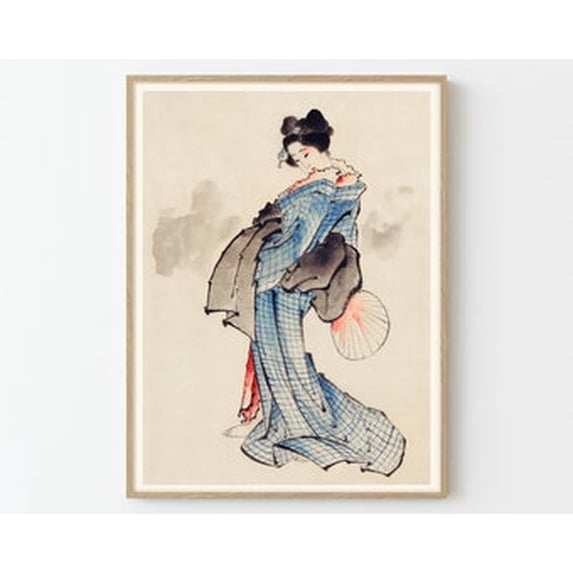 Woman With Check Design Kimono Japanese Wall Art Print, Cultural Living ...