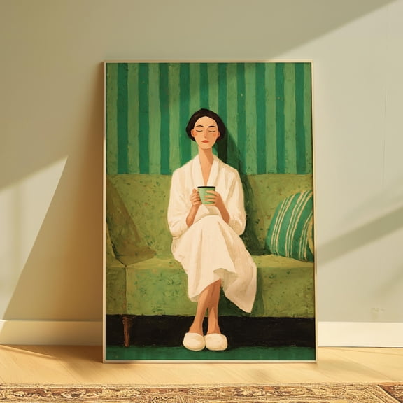 Woman With Coffee Cozy Green Wall Art, Unframed Paper Print Size 8x12