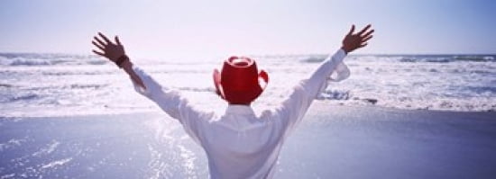 Woman With Outstretched Arms On Beach California USA Canvas Art - Panoramic Images (36 x 13)