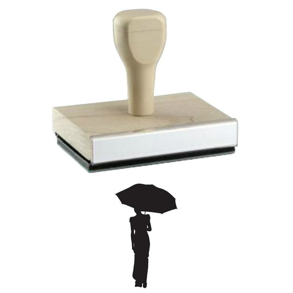 Woman With Umbrella Rubber Stamp, 1 X 2" Wood Stamp