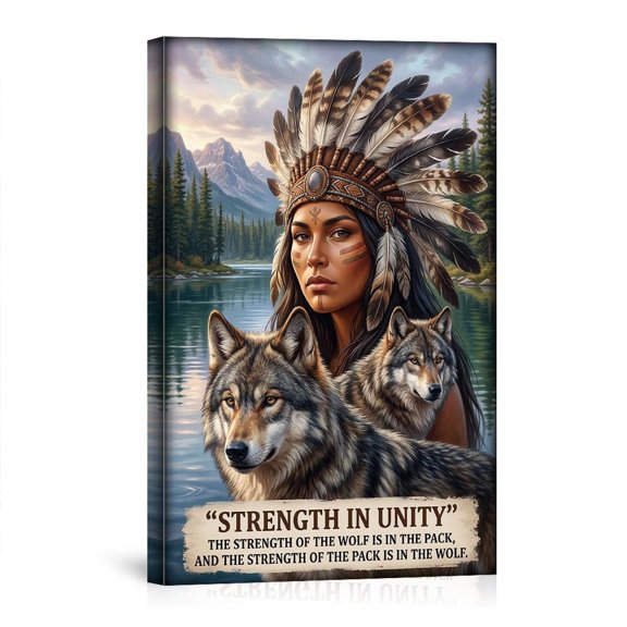 Woman With Wolves Strength In Unity Tribal Quote For Living Room Bedroom Southwestern USA Made Canvas