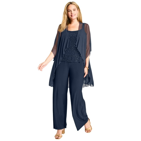 Woman Within Plus Size 3-Piece Pant Set With Beaded Tank