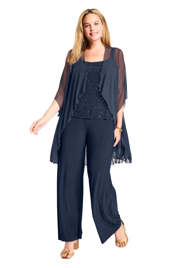 Plus Size 3-Piece Pant Set With Beaded Tank