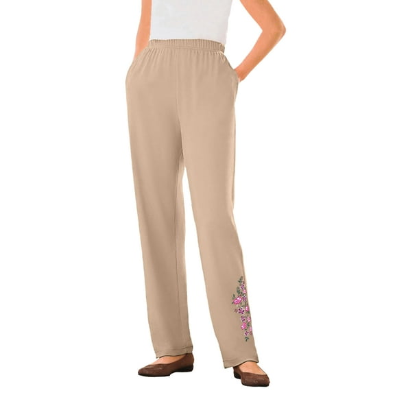 Woman Within Plus Size 7-Day Knit Embroidered Straight-Leg Pull-On Pants