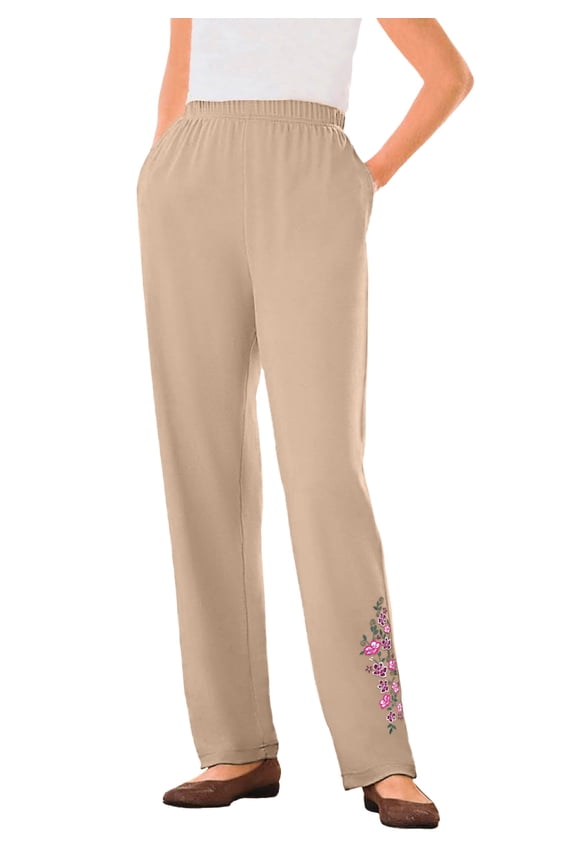 Plus Size 7-Day Knit Embroidered Straight-Leg Pull-On Pants