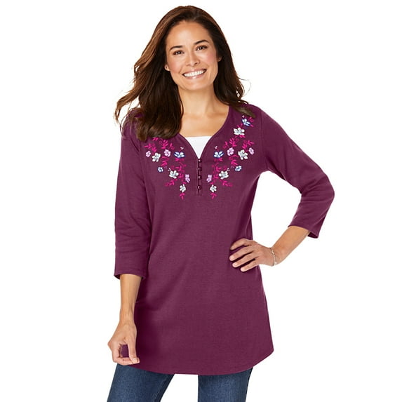 Woman Within Plus Size 7-Day Layered-Look Embroidered Henley Tunic