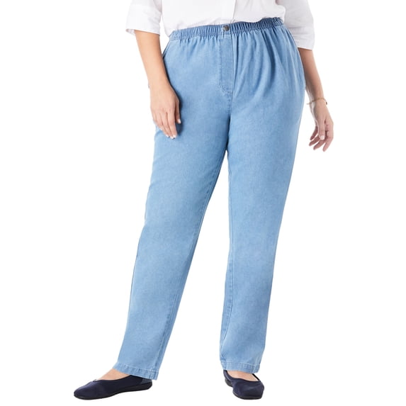 Woman Within Plus Size Tall 7-Day Straight-Leg Elastic-Waist Cotton Denim Pant