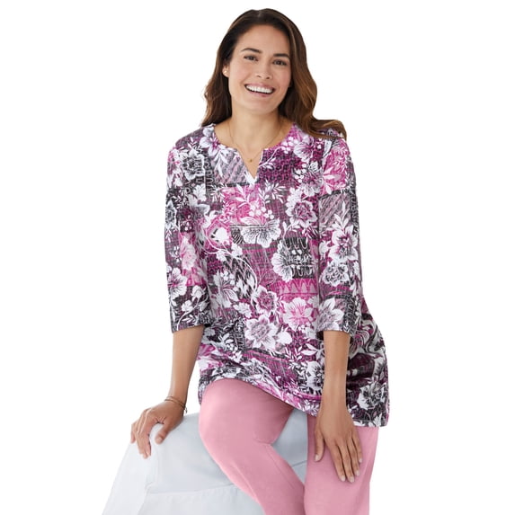 Woman Within Plus Size 7-Day Three-Quarter Sleeve Notch-Neck Tunic