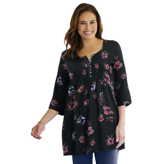 Woman Within Plus Size 7-Day Three-Quarter Sleeve Pintucked Henley Tunic