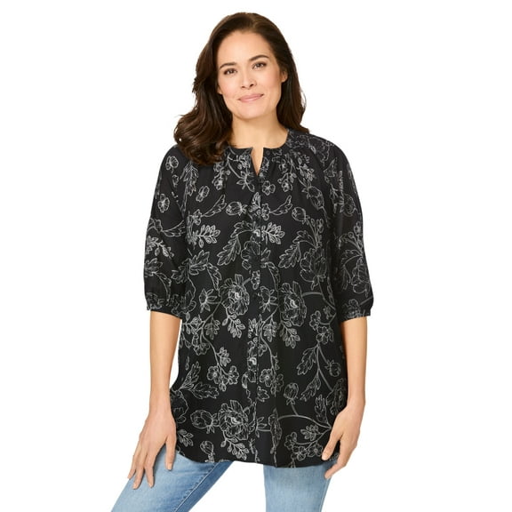 Woman Within Plus Size Three-Quarter Sleeve Full Placket Blouse