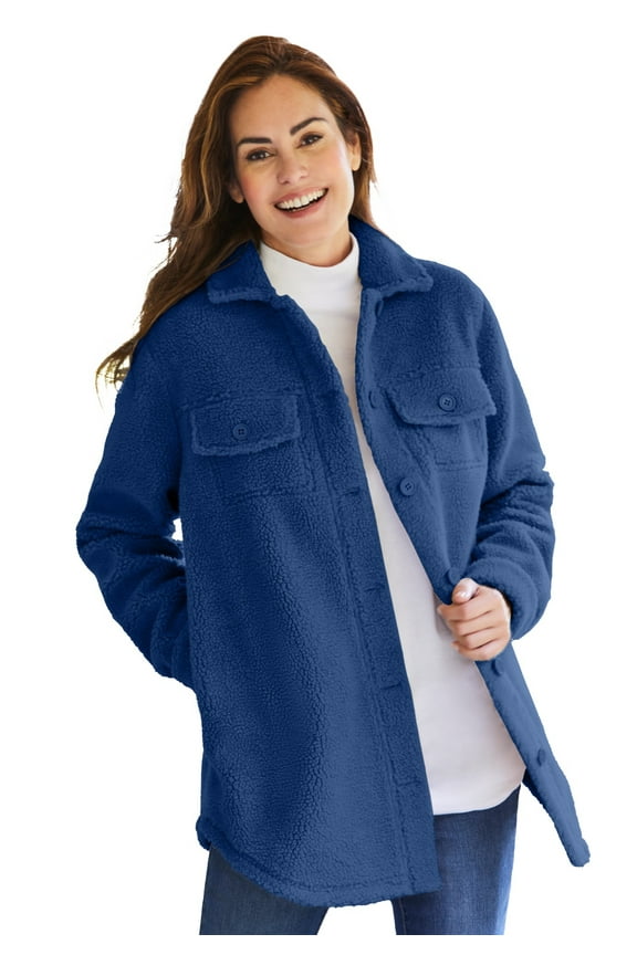 Plus Size Berber Shirt Jacket Long Oversized Fuzzy Fleece Shacket