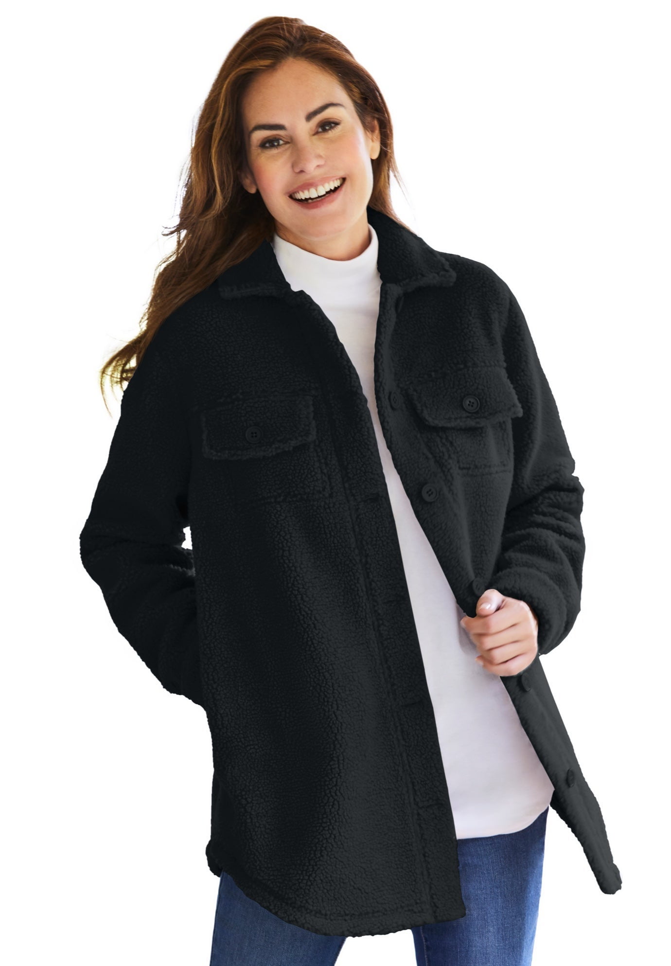 Woman Within Plus Size Berber Shirt Jacket Long Oversized Fuzzy Fleece ...