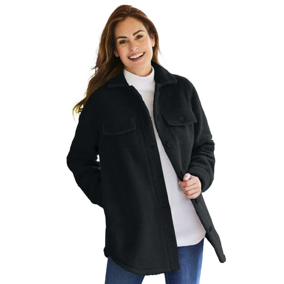 Woman Within Plus Size Berber Shirt Jacket Long Oversized Fuzzy Fleece Shacket
