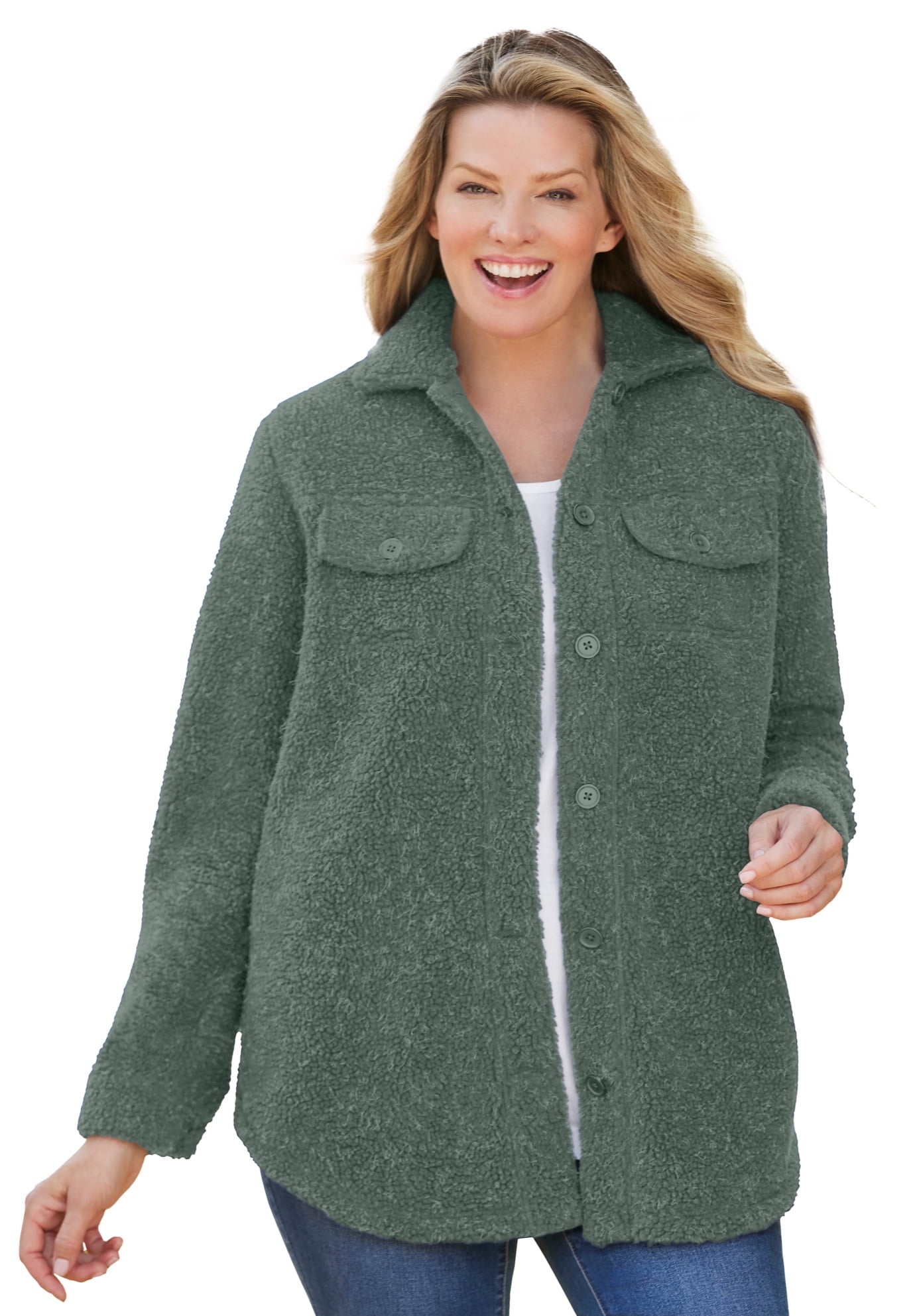 Woman Within Plus Size Berber Shirt Jacket Long Oversized Fuzzy Fleece ...