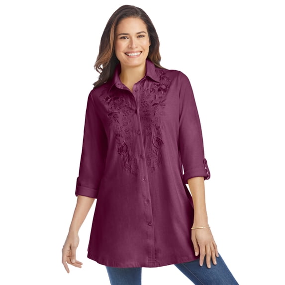 Woman Within Plus Size Button-Front Embroidered Tunic