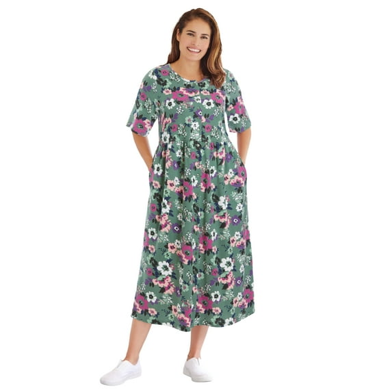 Woman Within Plus Size Button-Front Elbow-Sleeve Knit Dress