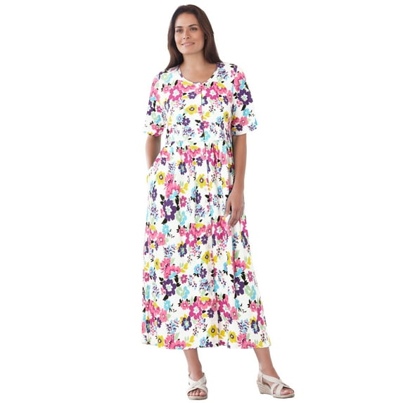 Woman Within Plus Size Button-Front Elbow-Sleeve Knit Dress