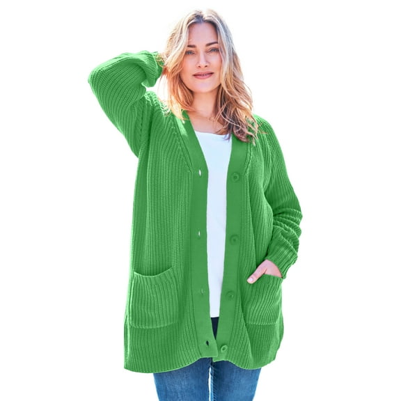 Woman Within Plus Size Button-Front Shaker Cardigan Sweater