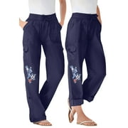 Woman Within Plus Size Convertible 2-in-1 Cargo Pant & Capri Elastic Waist - 18 W, Navy Floral Embroidery