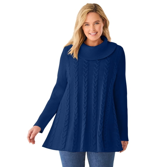 Woman Within Plus Size Cowl Neck Cable Knit Swing Sweater