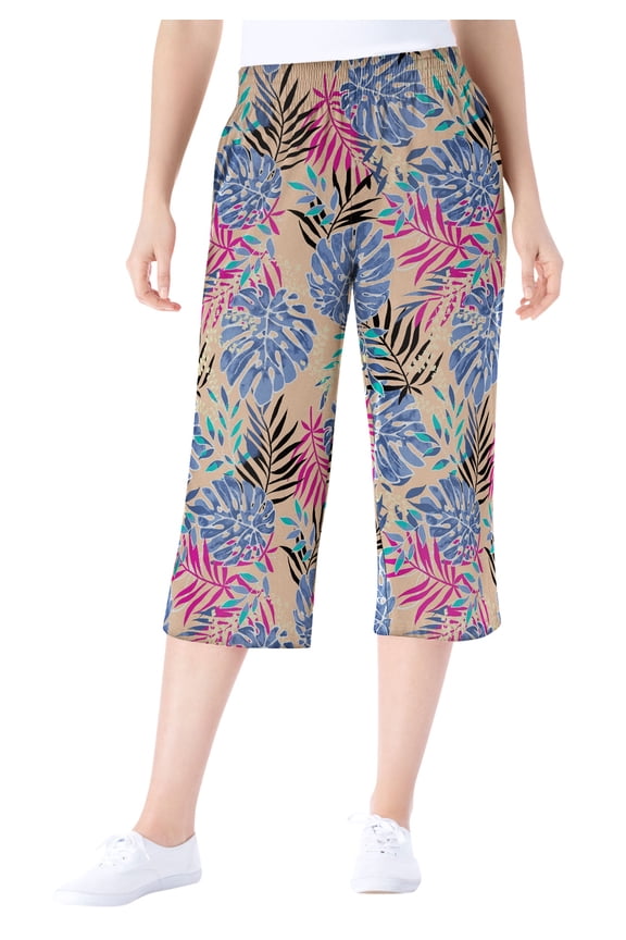 Plus Size Elastic-Waist Pull-On Knit Pocket Capri Pants