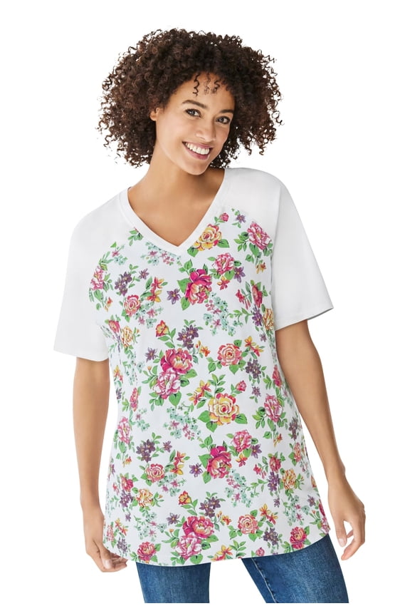 Plus Size Elbow Sleeve V-Neck Baseball Tee