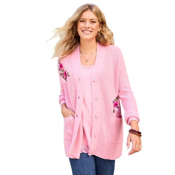 Woman Within Plus Size Embroidered Shaker Cardigan Sweater