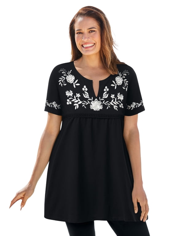 Plus Size Embroidered Split-Neck Tunic