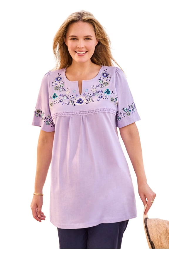 Plus Size Embroidered Split-Neck Tunic