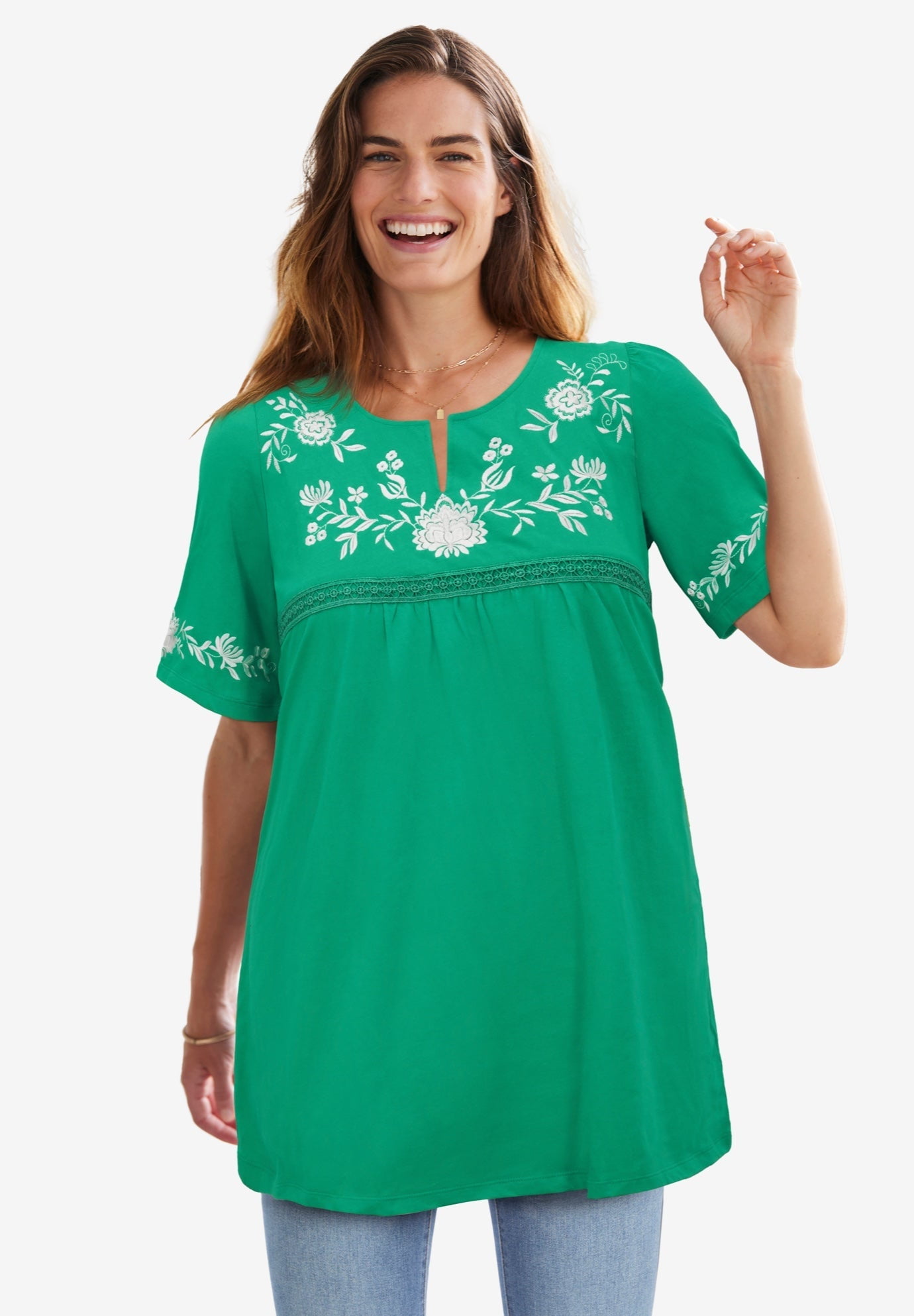 Plus Size Embroidered Split-Neck Tunic