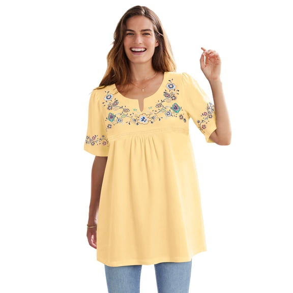 Woman Within Plus Size Embroidered Split-Neck Tunic
