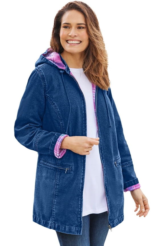 Plus Size Flannel-Lined Denim Jacket Removable Hood Long Oversized Jean Coat