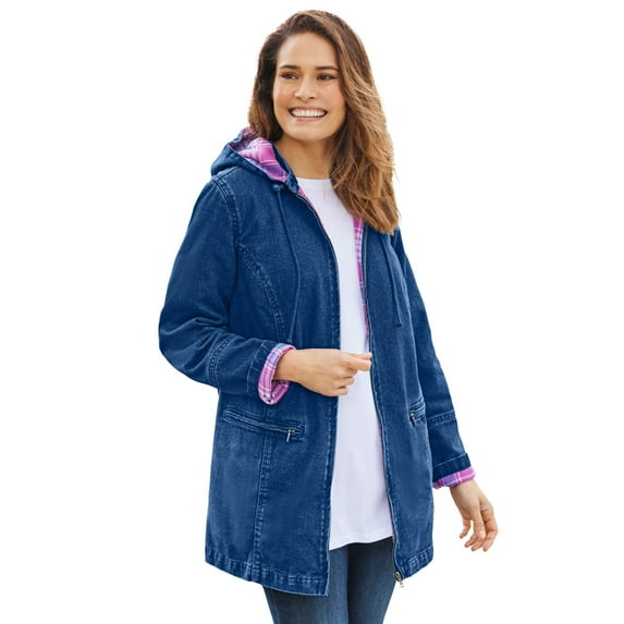 Woman Within Plus Size Flannel-Lined Denim Jacket Removable Hood Long Oversized Jean Coat