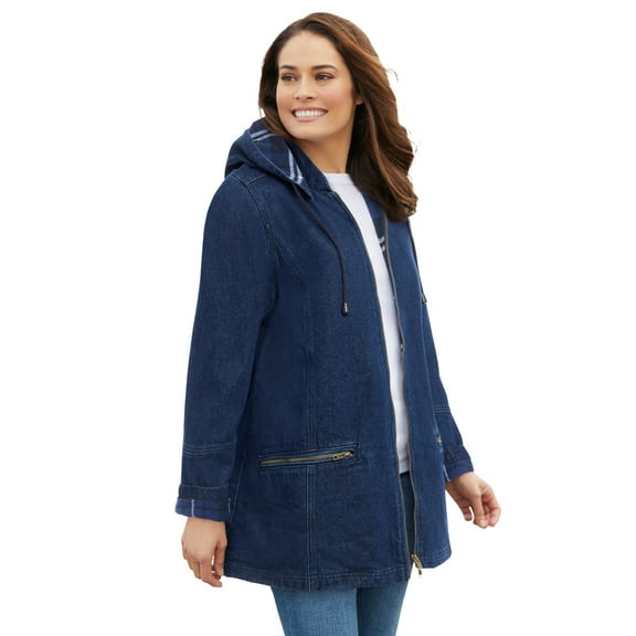 Woman Within Plus Size Flannel-Lined Denim Jacket Removable Hood Long Oversized Jean Coat