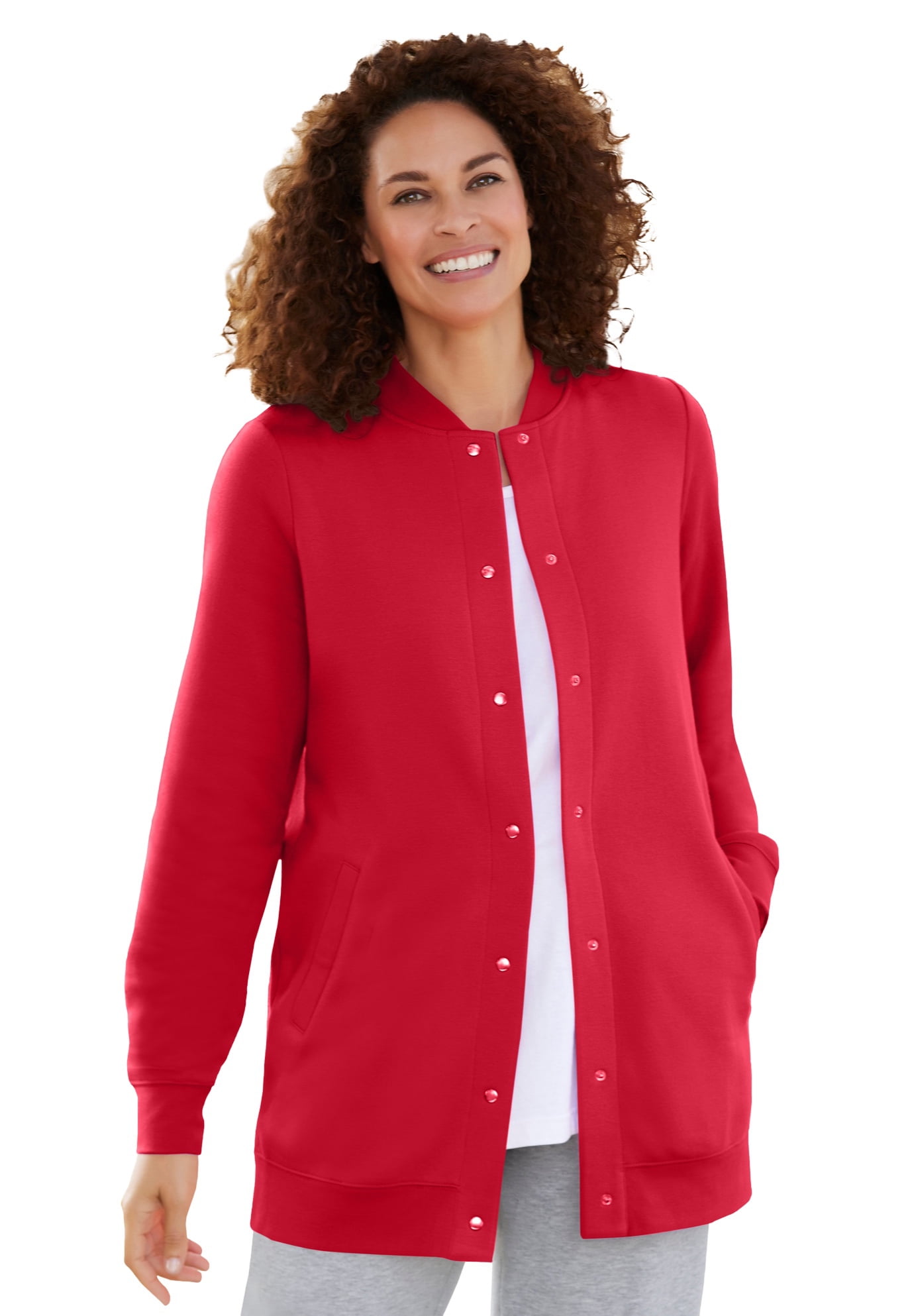 Woman Within Plus Size Fleece Baseball Jacket Long Oversized Fleece
