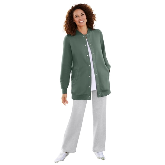 Woman Within Plus Size Fleece Baseball Jacket Long Oversized Fleece Coat