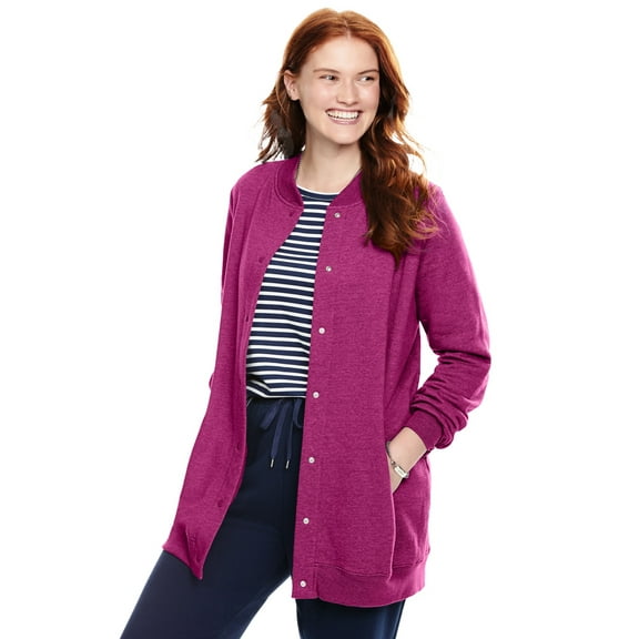 Woman Within Plus Size Fleece Baseball Jacket Long Oversized Fleece Coat