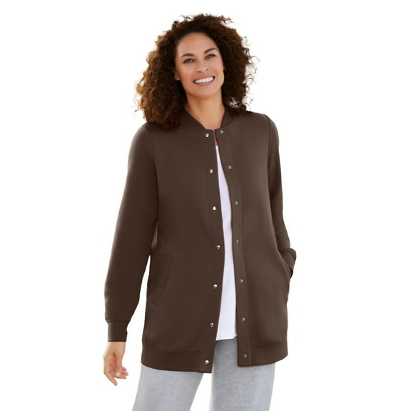 Woman Within Plus Size Fleece Baseball Jacket Long Oversized Fleece Coat